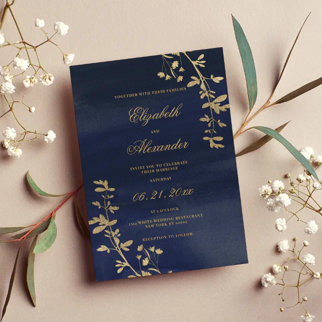 Classic elegant navy blue gold floral wedding invitation | Zazzle