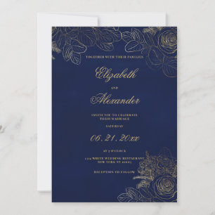 Classic elegant navy blue gold foil floral wedding invitation