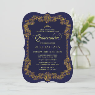 Classic Elegant Navy Blue Gold Tiara Quinceanera Invitation