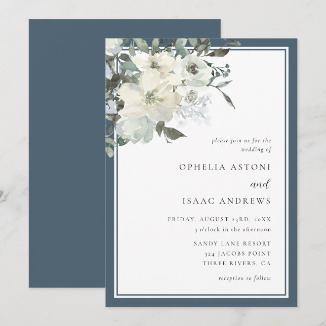 Classic Elegant Navy Blue Ivory Floral Wedding Invitation (Front/Back)