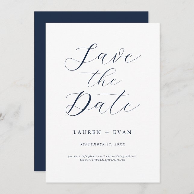 Classic Elegant Navy Blue Romantic Save the Date Invitation (Front/Back)