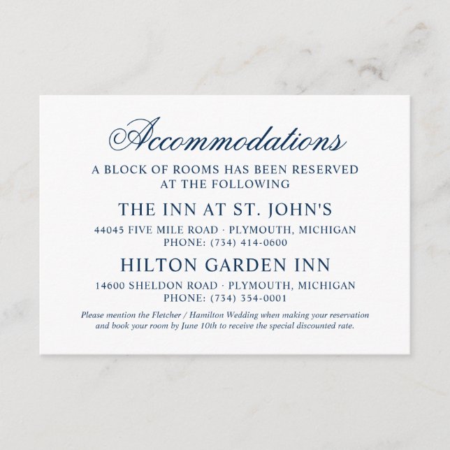 Classic Elegant Navy Blue Wedding Accommodations Enclosure Card (Front)