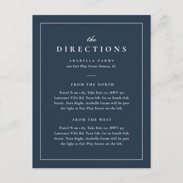 Classic Elegant Navy Blue Wedding Directions Enclosure Card (Front)