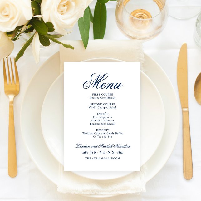 Classic Elegant Navy Blue Wedding Menu (Creator Uploaded)