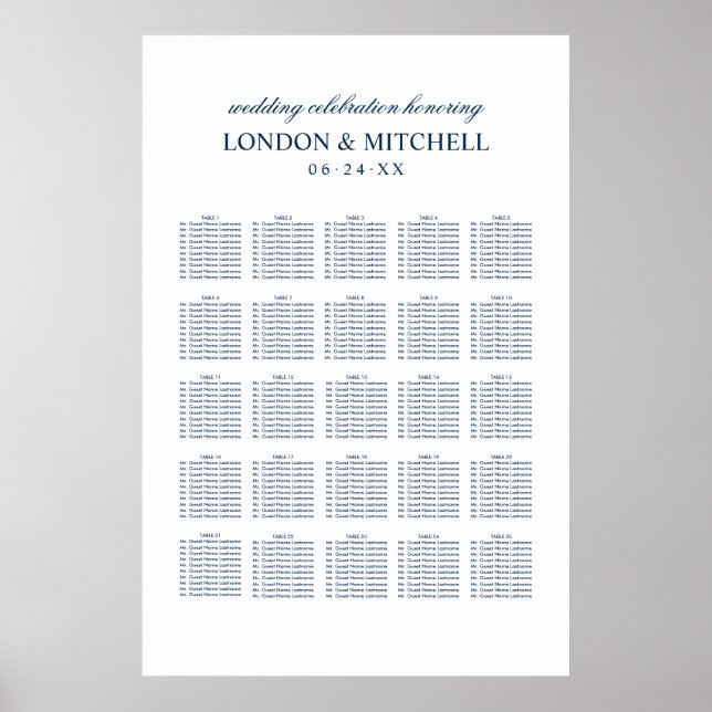 Classic Elegant Navy Blue Wedding Seating Poster (Front)