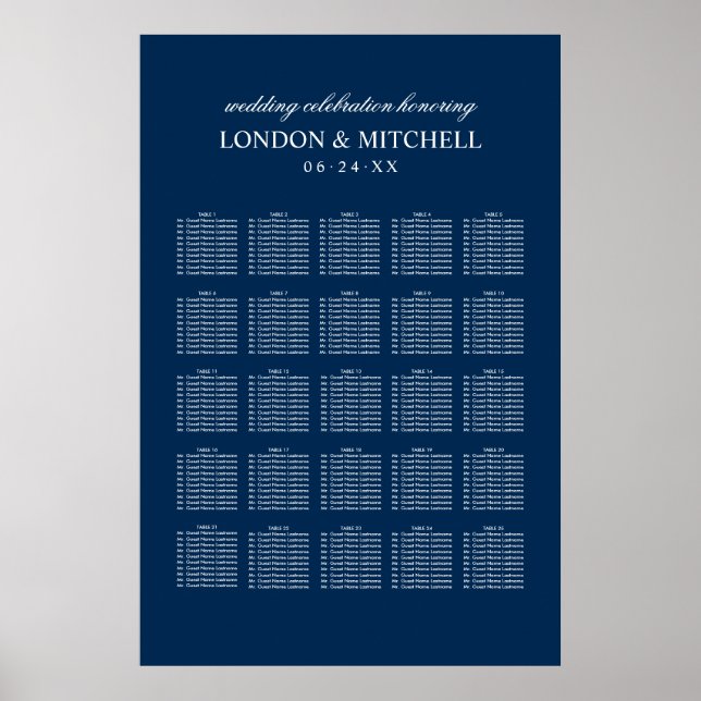 Classic Elegant Navy Blue Wedding Seating Poster (Front)