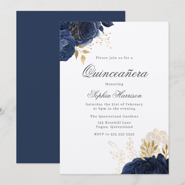 Classic Elegant Navy Midnight Rose Quinceanera Invitation (Front/Back)