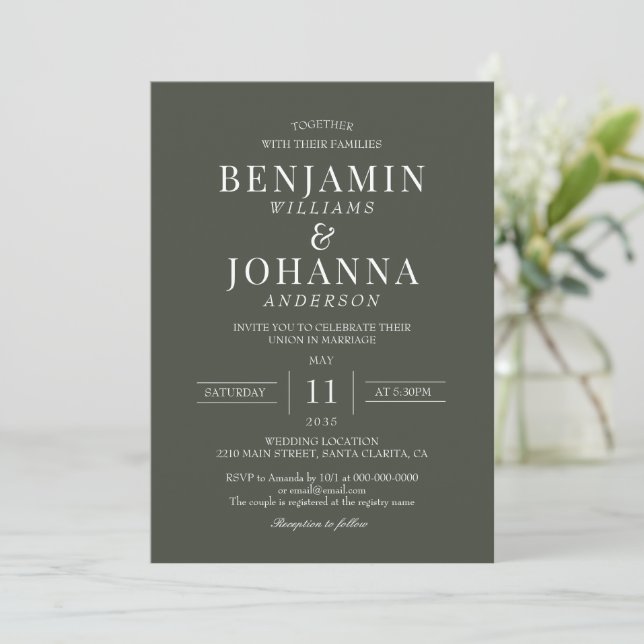 Classic Elegant Olive Green Wedding Invitation (Standing Front)