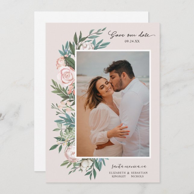 Classic Elegant Painted Floral 2 Photo | Blush Save The Date (Front/Back)