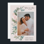 Classic Elegant Painted Floral 2 Photo | Blush Save The Date<br><div class="desc">These beautiful Save the Date photo cards feature a bohemian painted floral design in white, blush pink, peach, blue, and greens. The background colour can be customised to any colour you'd like (on both the back and the front). Text templates are included on the back of the card for further...</div>