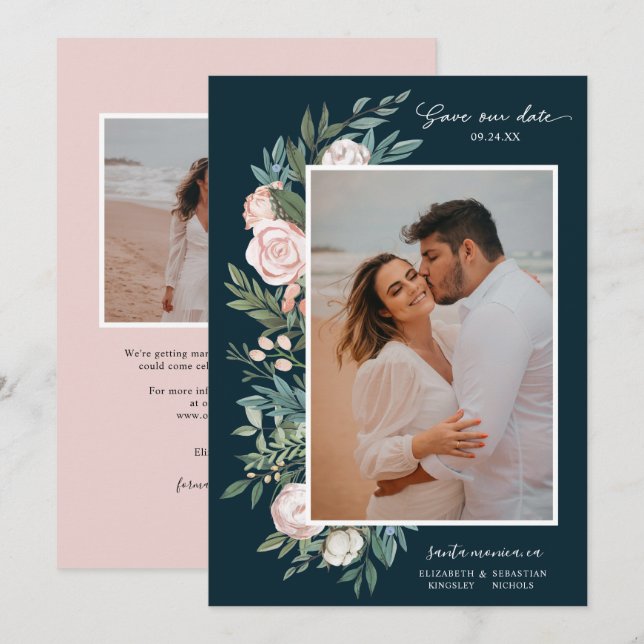 Classic Elegant Painted Floral 2 Photo | Teal Blue Save The Date (Front/Back)