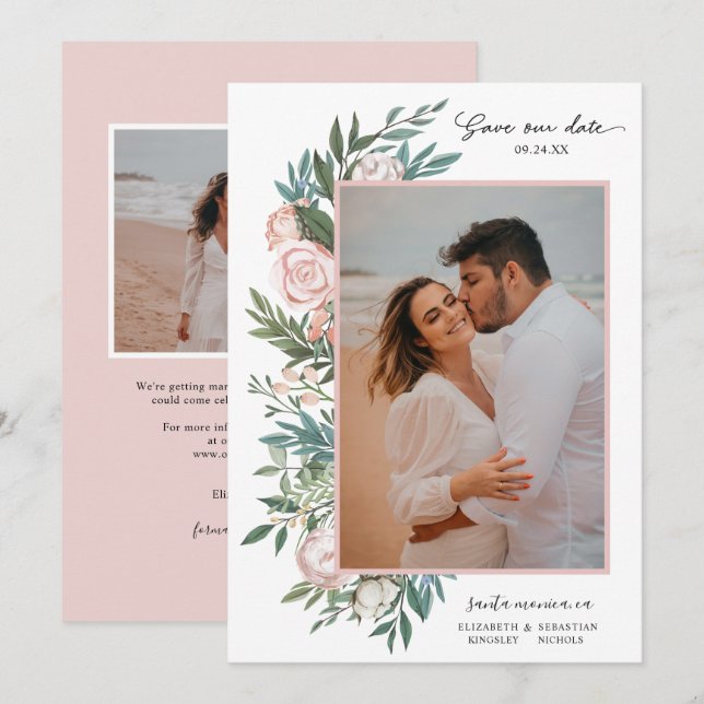 Classic Elegant Painted Floral 2 Photo | White Save The Date (Front/Back)