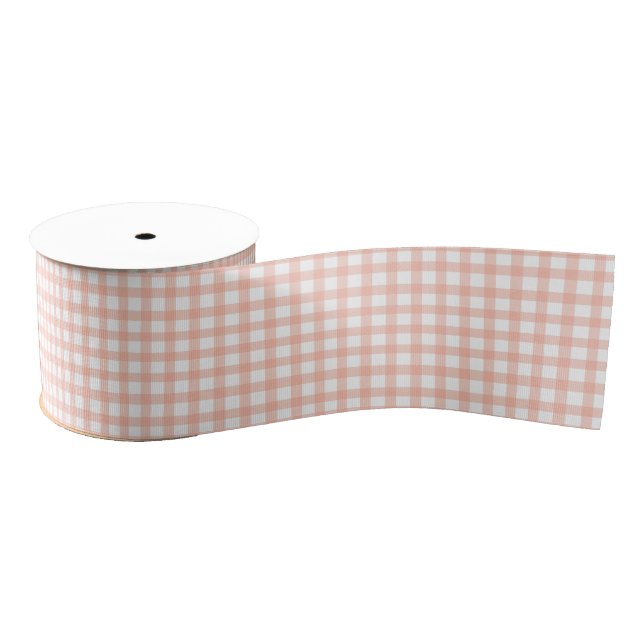 Classic Elegant Pastel Peach Gingham Pattern Grosgrain Ribbon (Spool)