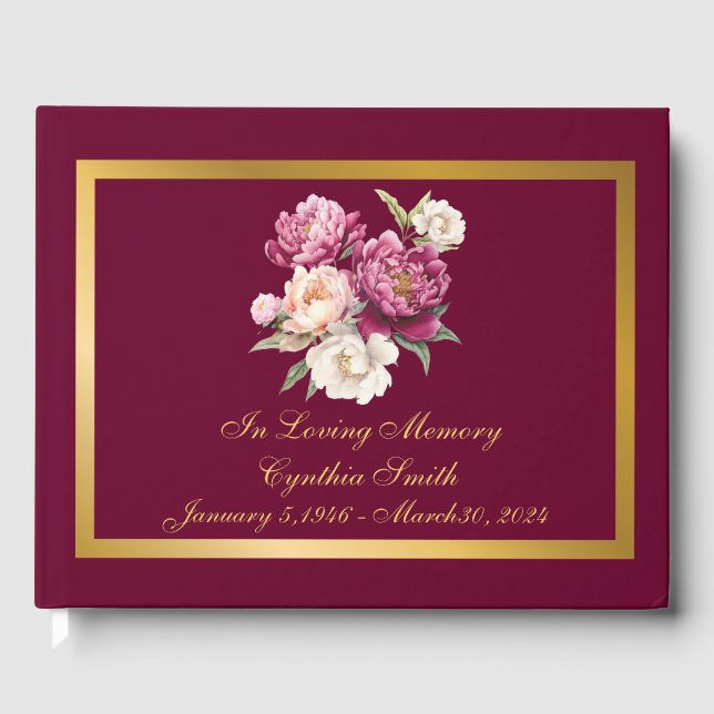 Classic, Elegant Peony Memorial Funeral Guestbook (Front)