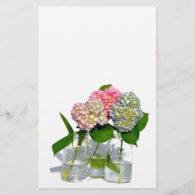 Classic elegant pink hydrangeas in mason jar stationery (Front)