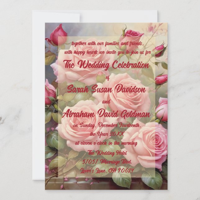 Classic Elegant Pink Roses  Wedding Invitations (Front)