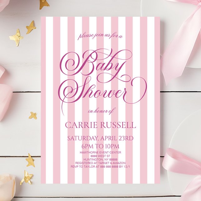 Classic Elegant Pink Stripes Girl Baby Shower Invitation (Creator Uploaded)