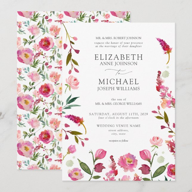 Classic Elegant Pink Watercolor Flowers Wedding Invitation (Front/Back)