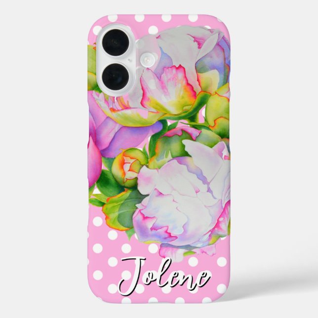 Classic elegant pink white peony floral polkadots Case-Mate iPhone case (Back)
