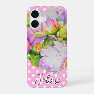 Classic elegant pink white peony floral polkadots iPhone 16 case