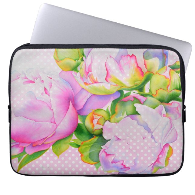 Classic elegant pink white peony floral polkadots laptop sleeve (Front)