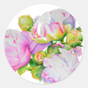 Classic elegant pink white peony floral watercolor classic round sticker