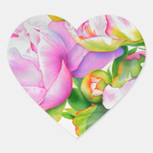 Classic elegant pink white peony floral watercolor heart sticker