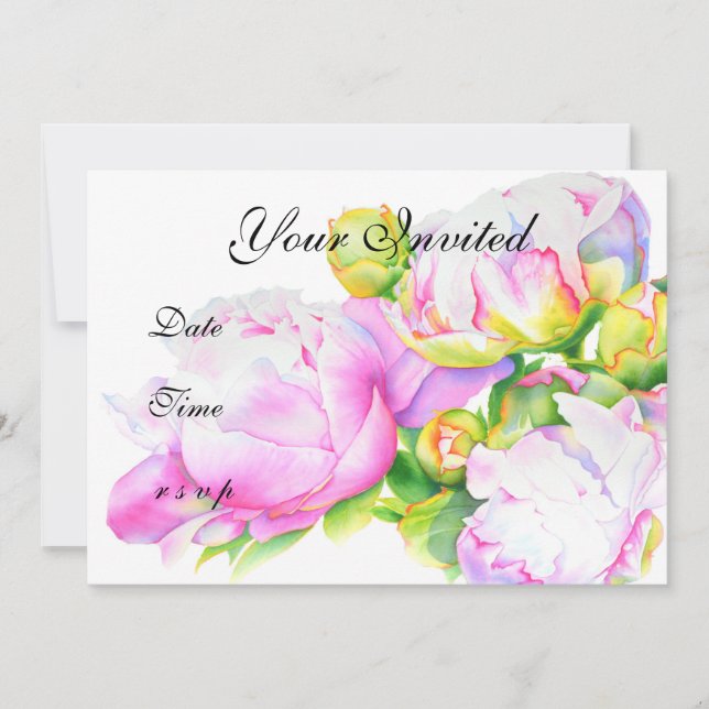 Classic elegant pink white peony floral watercolor invitation (Front)