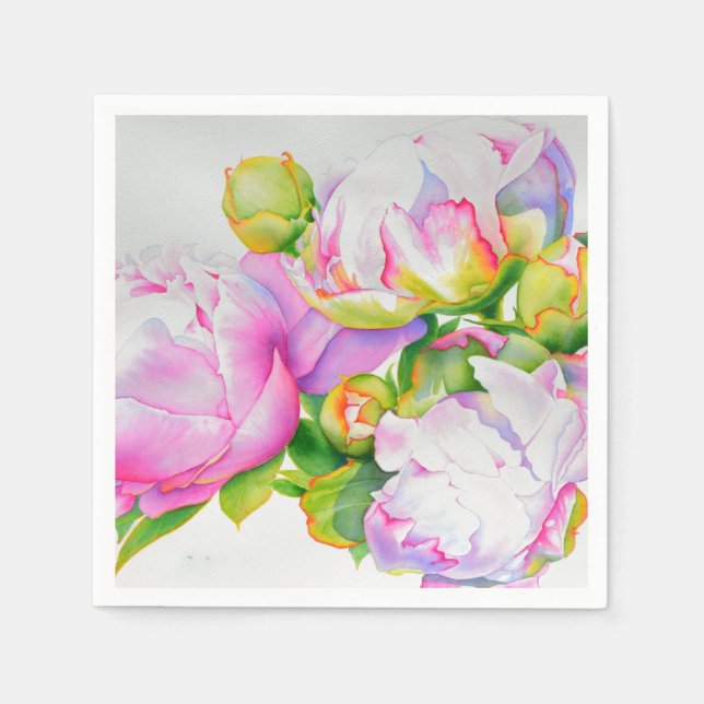 Classic elegant pink white peony floral watercolor napkin (Front)