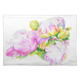 Classic elegant pink white peony floral watercolor placemat