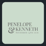 Classic Elegant Pistachio Custom Wedding Names Square Sticker<br><div class="desc">Classic Elegant Typography Custom Wedding Names Square Sticker in Pistachio Mint</div>