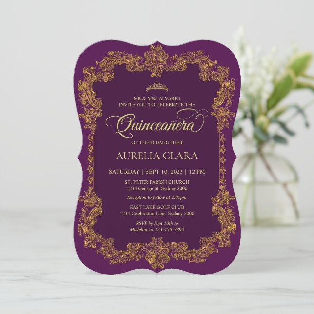 Classic Elegant Purple Gold Tiara Quinceanera Invitation (Standing Front)