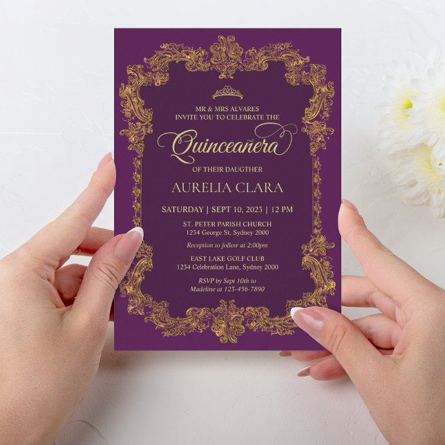 Classic Elegant Purple Gold Tiara Quinceanera Invitation (Creator Uploaded)