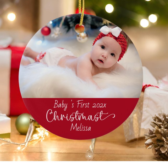 Classic Elegant Red Baby's First Christmas Photo Ceramic Tree Decoration (Creator Uploaded)