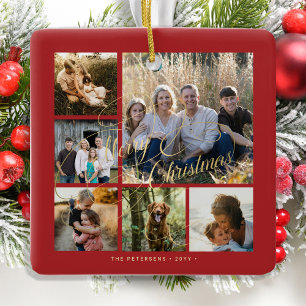 Classic elegant red gold 6 photo collage ceramic ornament