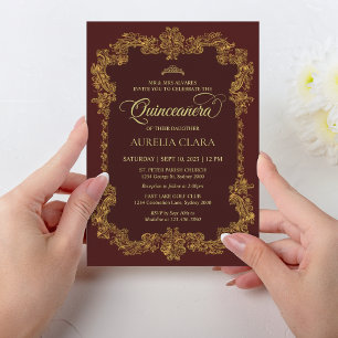 Classic Elegant Red Gold Tiara Quinceanera Invitation