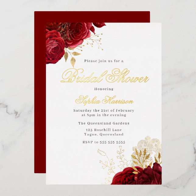 Classic Elegant Red Rose Bridal Shower Golden (Front/Back)