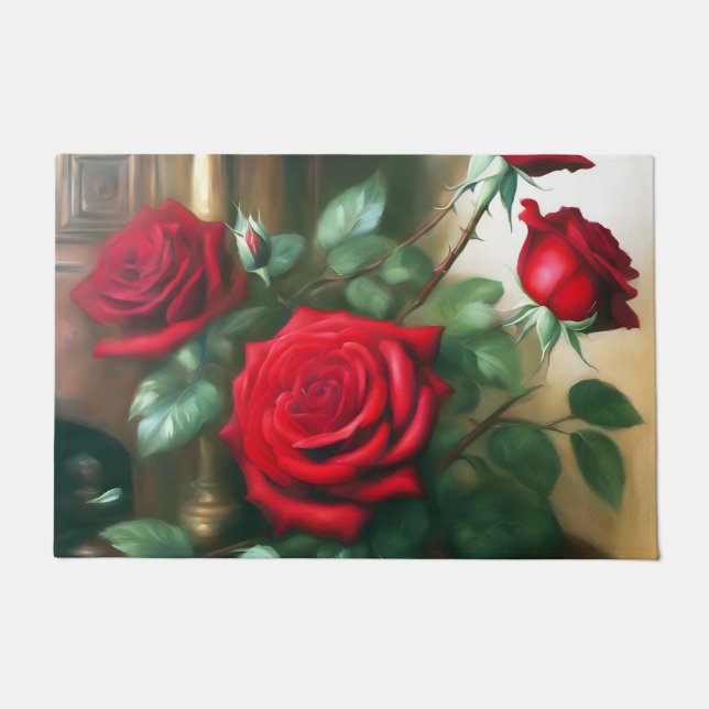 Classic Elegant Red Roses Art Doormat (Front)