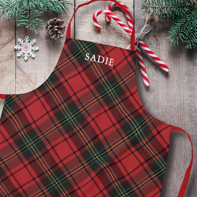 Classic Elegant Red Tartan Christmas Holiday Name  Apron (Creator Uploaded)