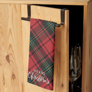 Classic Elegant Red Tartan Merry Christmas Script Tea Towel