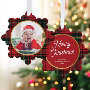 Classic Elegant Red Tartan Plaid Photo Christmas Tree Decoration Card
