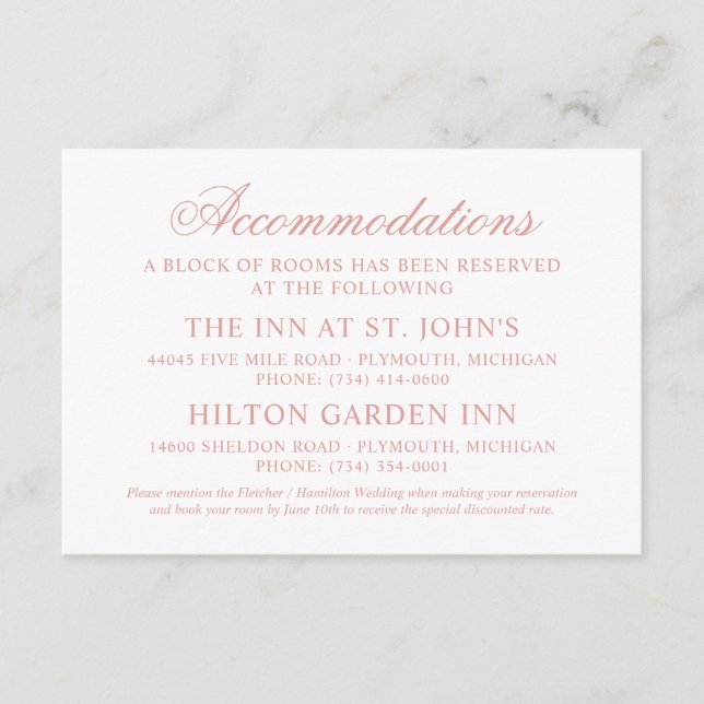 Classic Elegant Rose Gold Wedding Accommodations Enclosure Card (Front)