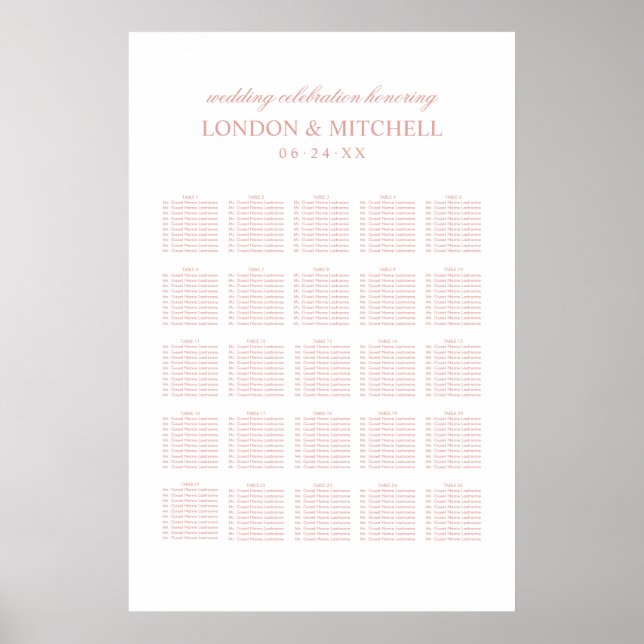 Classic Elegant Rose Gold Wedding Seating Poster (Front)