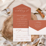Classic Elegant Rust Orange Wedding All In One Invitation<br><div class="desc">Classic and elegant rust orange all in one wedding invitation is a unique tri-fold invite option that is self-enclosed, sealed, mailed to guests with a detachable RSVP postcard; no need for envelopes! Design features modern calligraphy script accents with classic style typography. The guest address can be included on the back...</div>