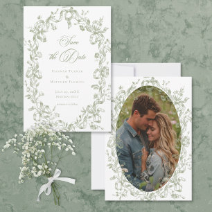 Classic Elegant Sage Floral Ribbon Photo Wedding Save The Date