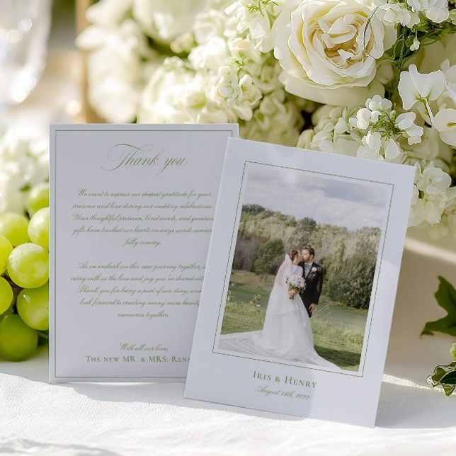 Classic Elegant Sage Green & Blue Wedding Photo Thank You Card (Classic Elegant Sage Green & Blue Wedding Photo Thank You Card)