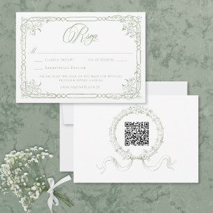 Classic Elegant Sage Green Floral Frame Wedding QR RSVP Card