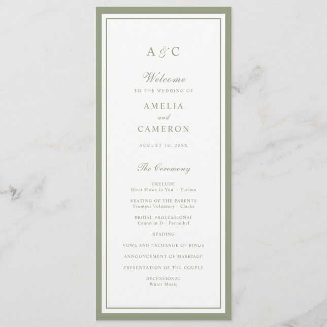 Classic Elegant Sage Green Frame Wedding Program Programme (Front)