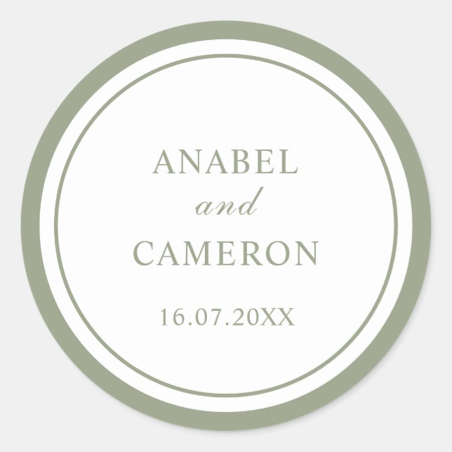 Classic Elegant Sage Green Frame Wedding Round Sticker (Front)