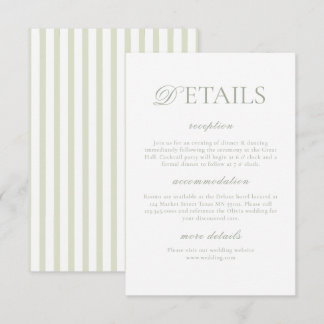 Classic Elegant⎮Sage Green Striped Wedding Details Enclosure Card